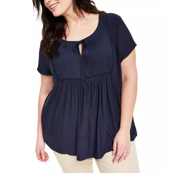 Tommy Hilfiger Navy Blue Short Sleeve Pleated Babydoll Peasant Top Plus 3X NWT - Picture 1 of 12